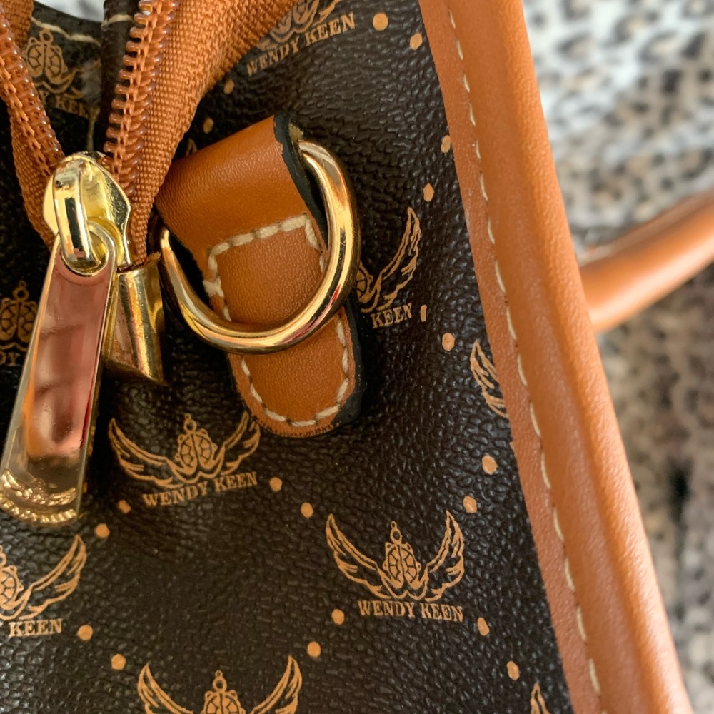 Brown and Tan Monogram Satchel Handbag with Gold Accent - Picture 8 of 10